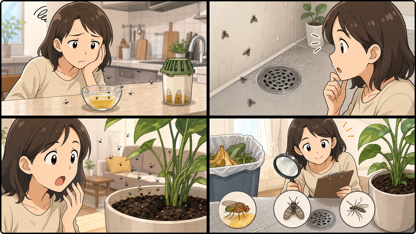 コバエホイホイやめんつゆトラップが効かない理由を説明する4コマ漫画