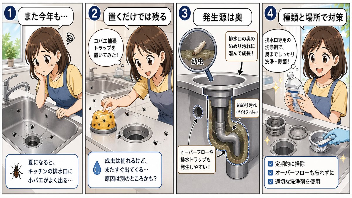 毎年キッチン排水口にコバエが出る悩みを説明する4コマ漫画