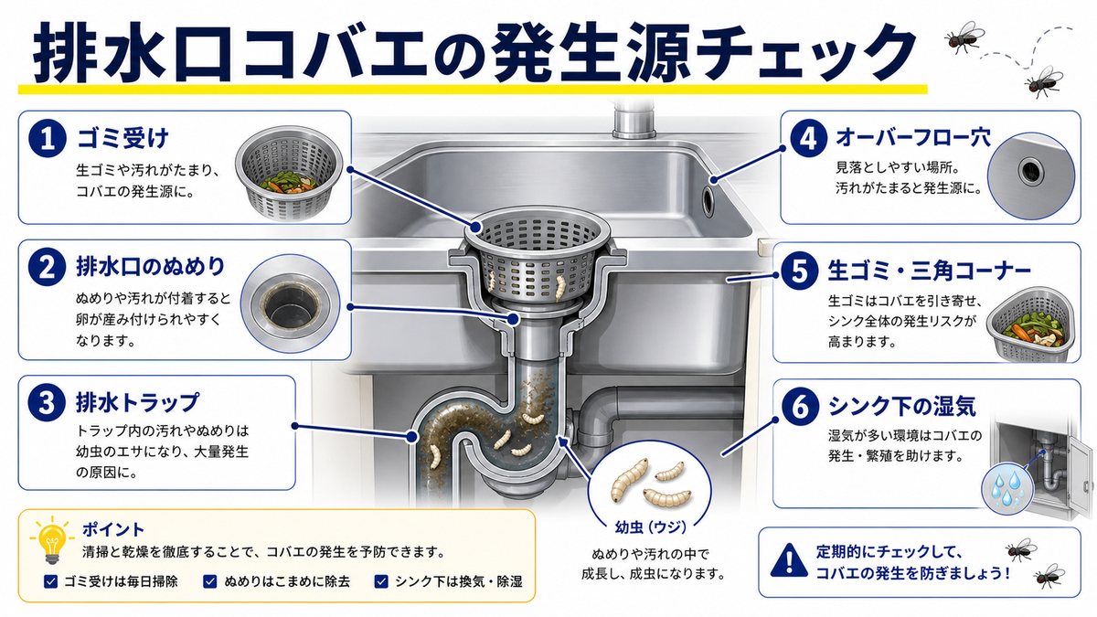 排水口コバエの発生源チェック図解
