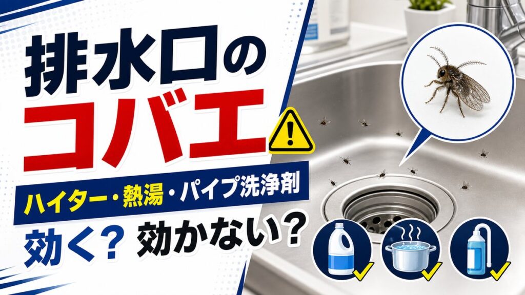 排水口のコバエにハイター・熱湯・パイプ洗浄剤は効くのかを示すアイキャッチ