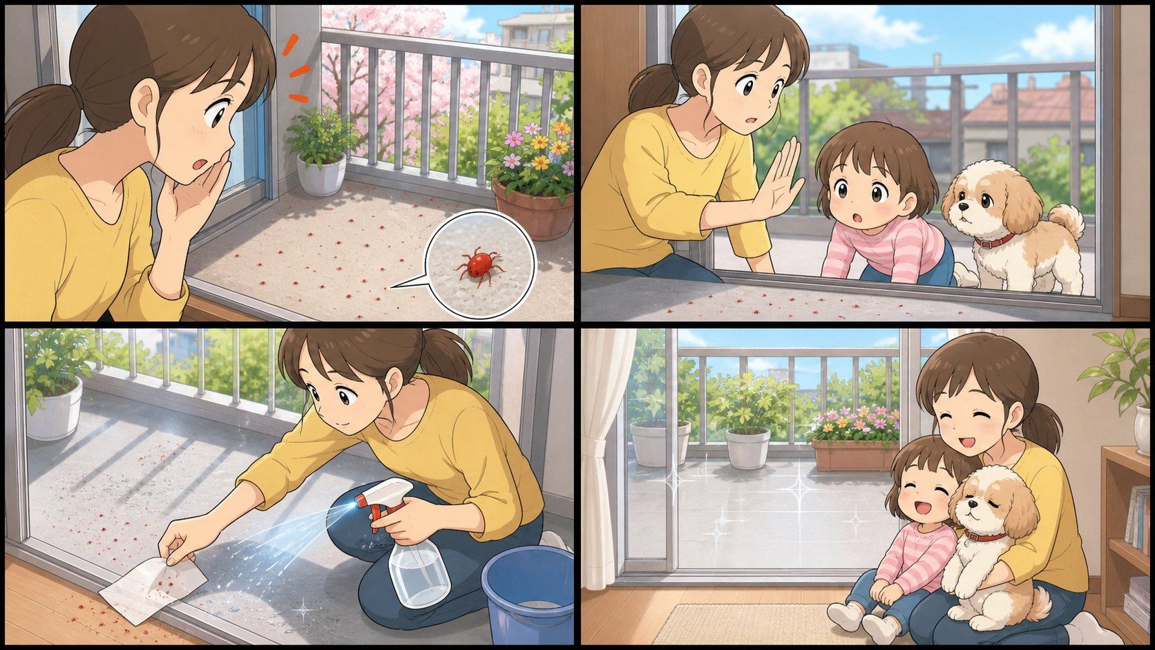 タカラダニは人を刺すのか、犬や子どもへの害を説明する4コマ漫画