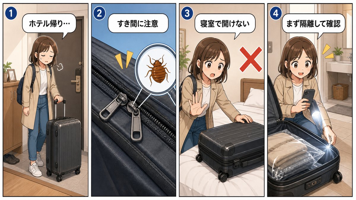 ホテル帰りのスーツケースにトコジラミが付いていないか確認する4コマ漫画