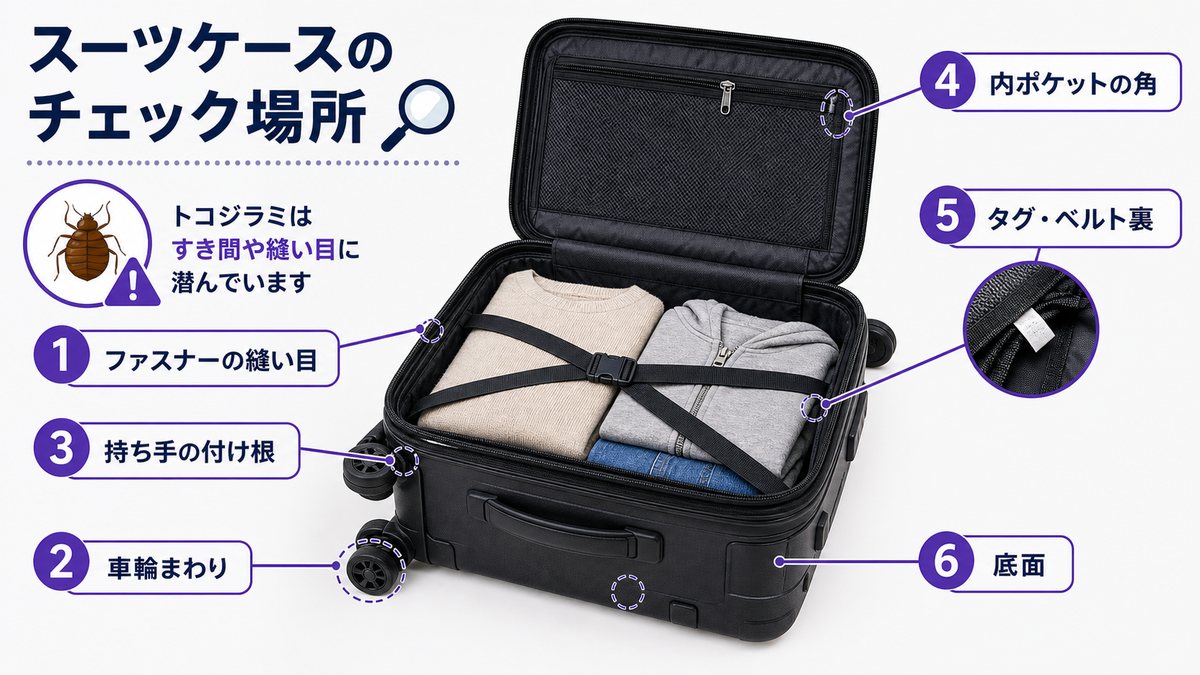 トコジラミが潜みやすいスーツケースのチェック場所を示した図解