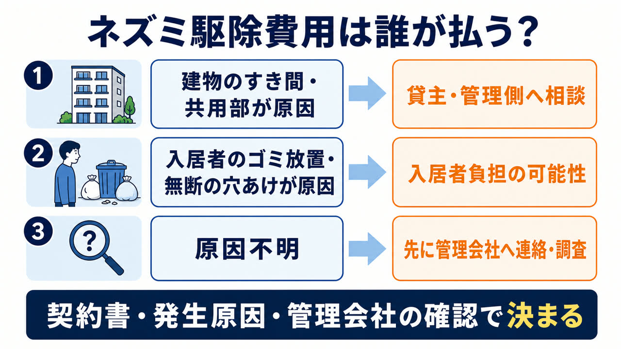 ネズミ駆除費用の負担を、建物側の原因、入居者側の原因、原因不明に分けた判断図