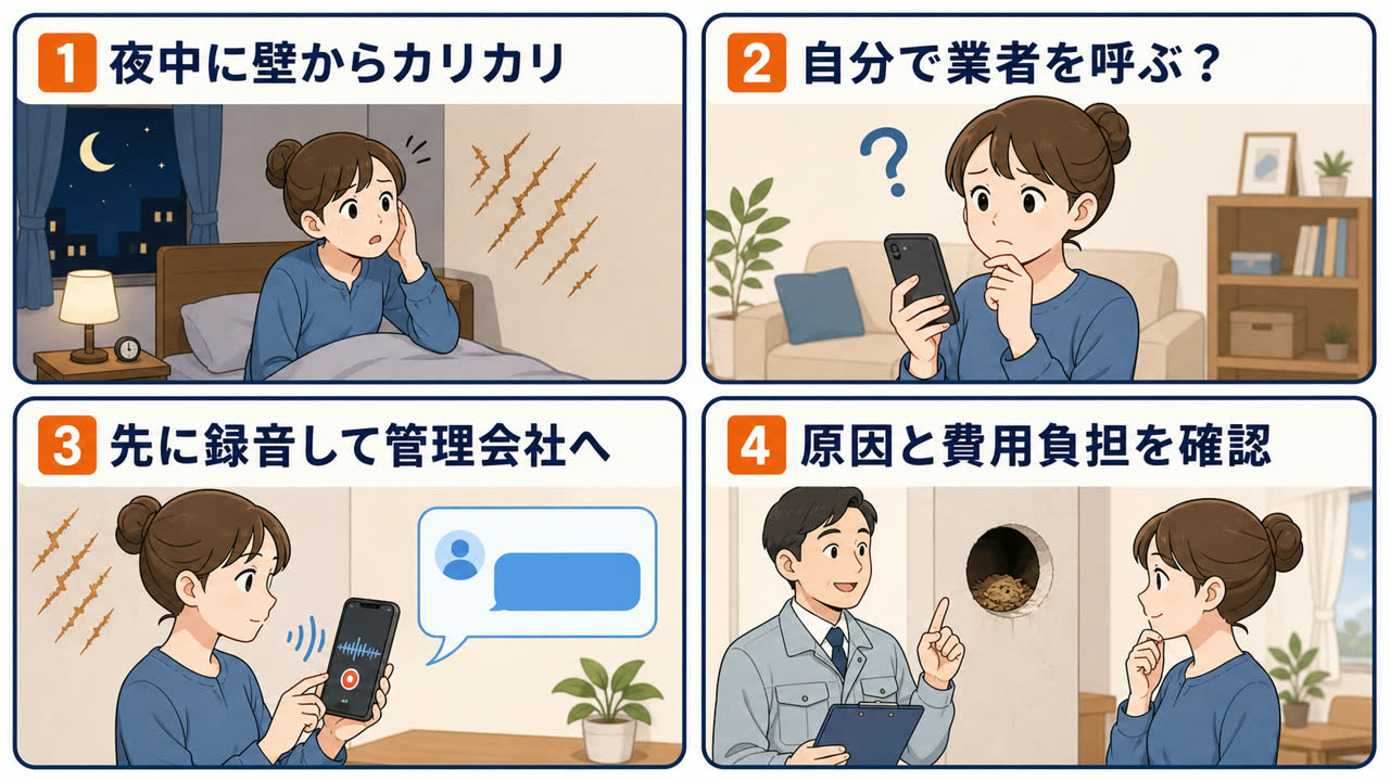 賃貸の壁から夜中にカリカリ音がした時、録音して管理会社へ連絡し費用負担を確認する4コマ漫画