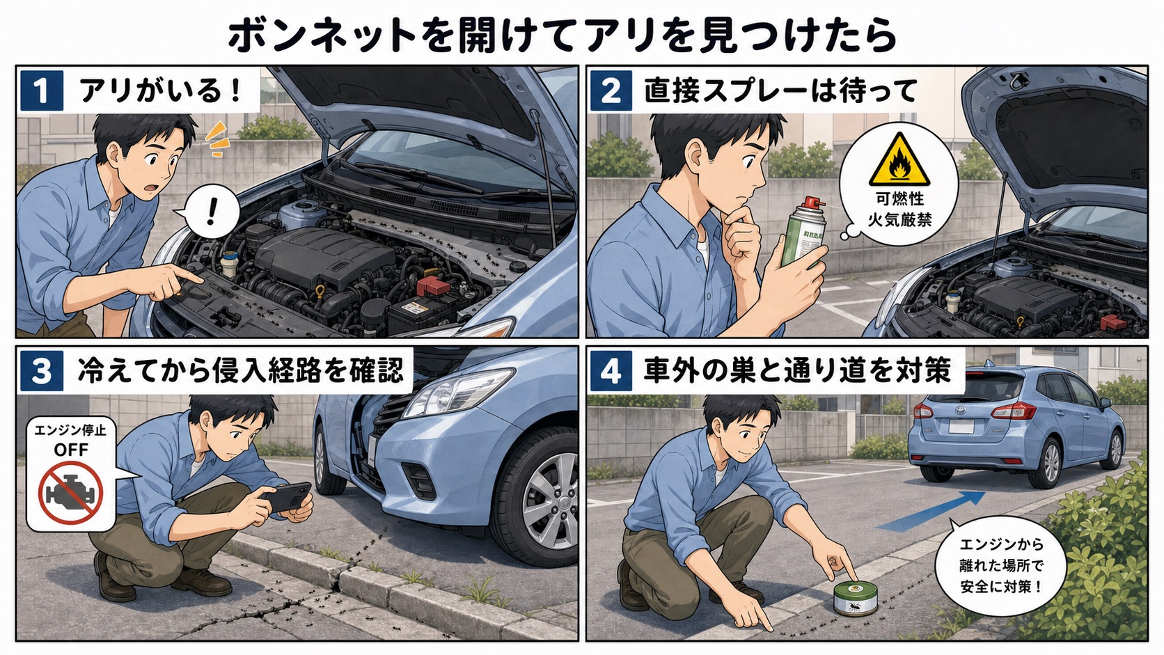 ボンネット内のアリに直接スプレーせず、冷えてから車外の侵入経路を確認する4コマ漫画