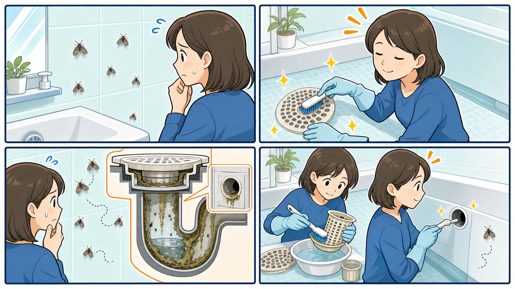 排水口のフタだけ掃除してもチョウバエが減らない理由を説明する4コマ漫画