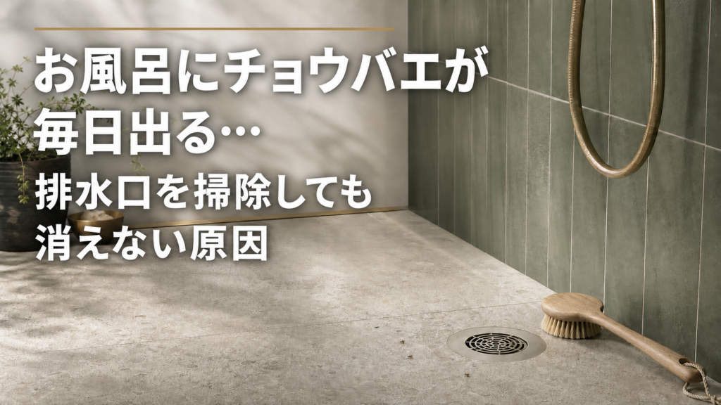 お風呂にチョウバエが毎日出る悩みを示す浴室のアイキャッチ画像
