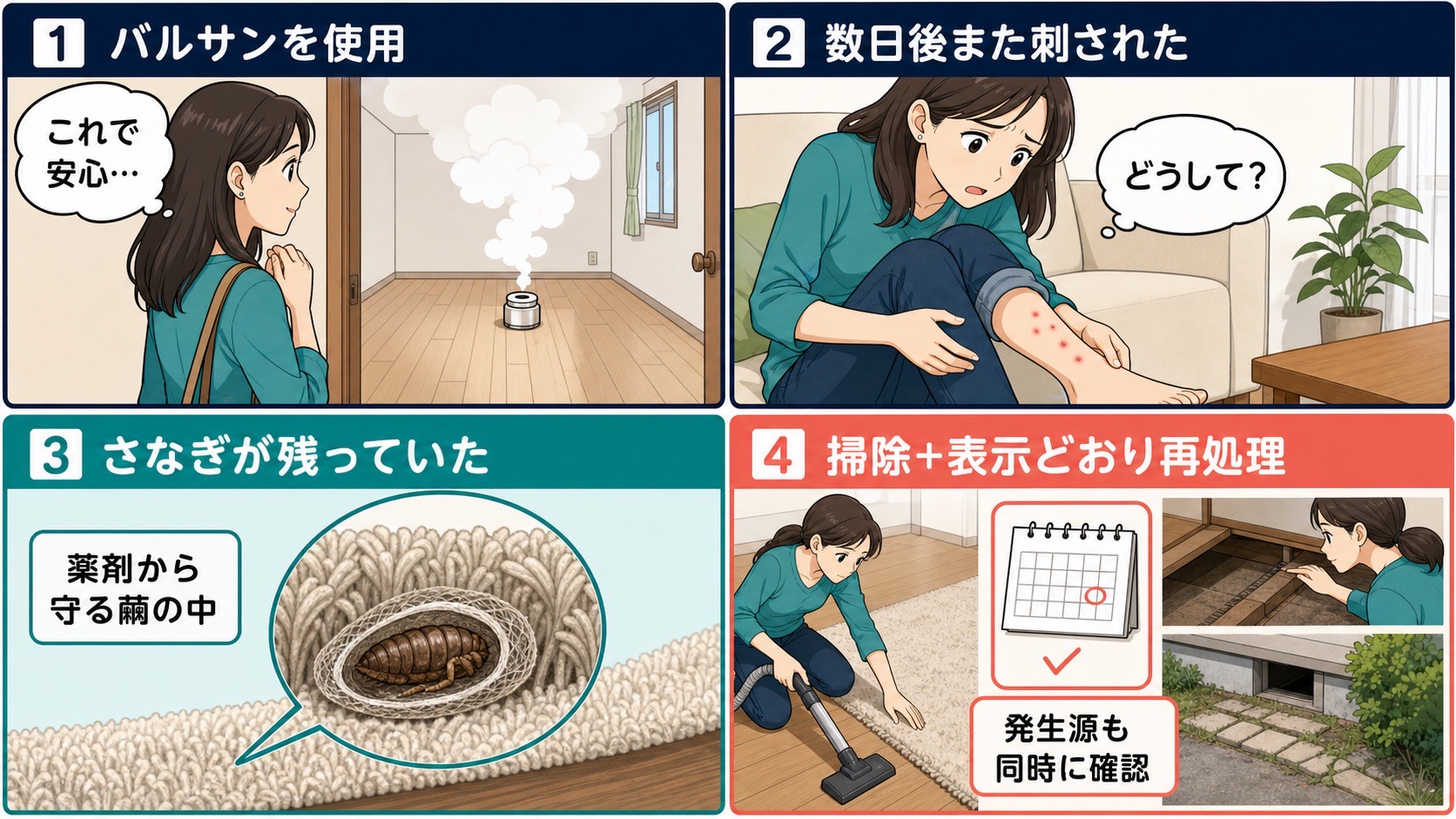バルサン使用後にノミへ再び刺される理由と、掃除と表示どおりの再処理を説明する4コマ漫画