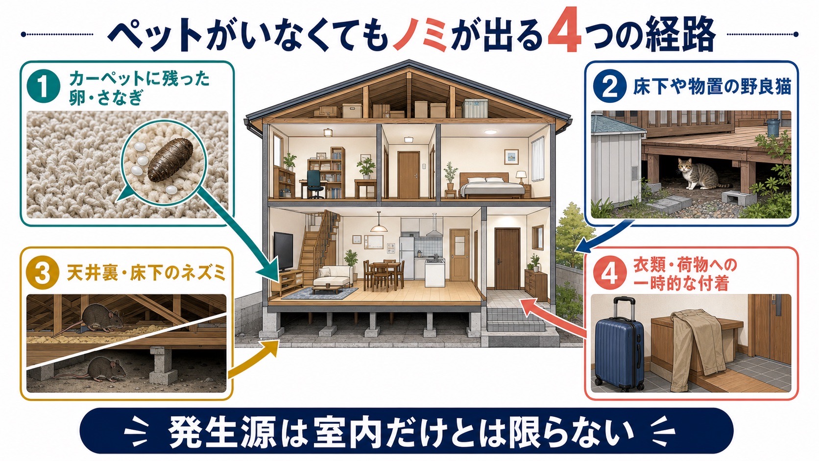 ペットがいない家でノミが出る、カーペット、床下の野良猫、ネズミ、衣類や荷物の4経路
