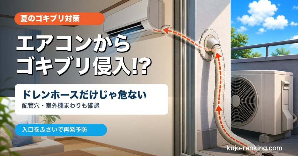 エアコンからゴキブリが侵入する可能性とドレンホース対策を示すアイキャッチ画像