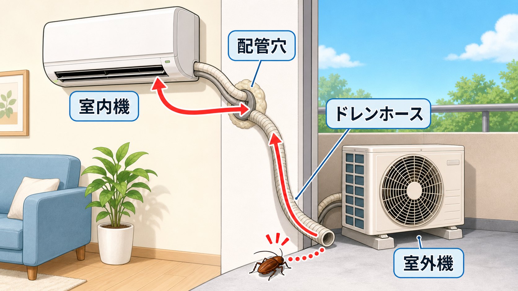 エアコンの室内機、配管穴、ドレンホース、室外機からゴキブリが侵入する可能性を説明するイラスト