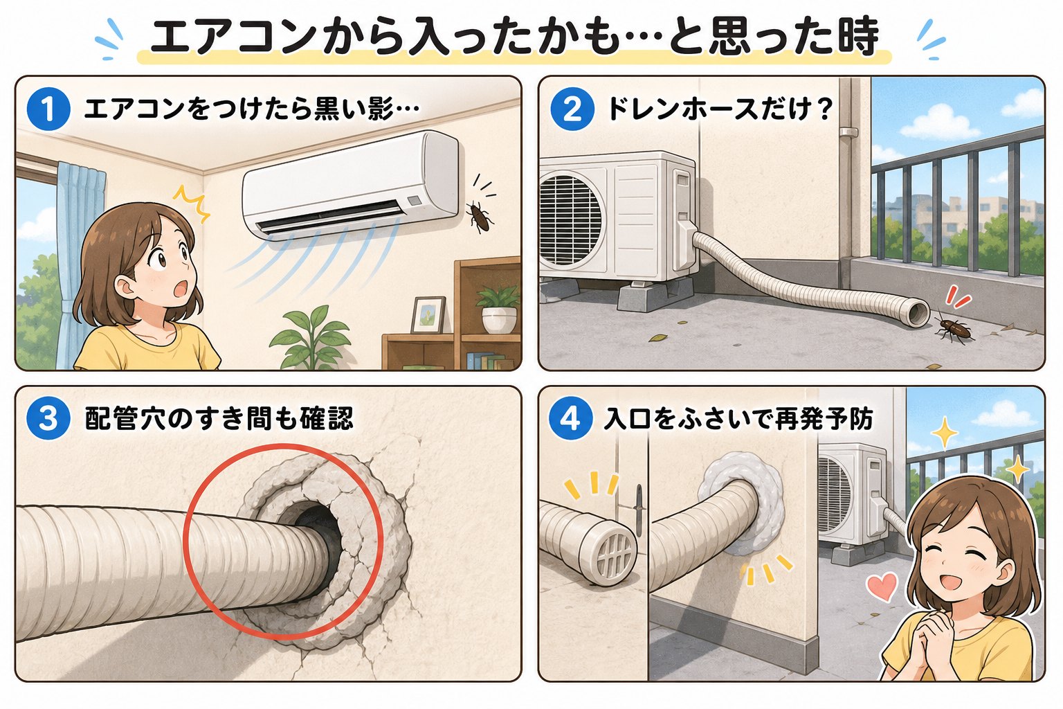 エアコンからゴキブリが入ったかもしれない時にドレンホースと配管穴を確認する流れを説明する4コマイラスト