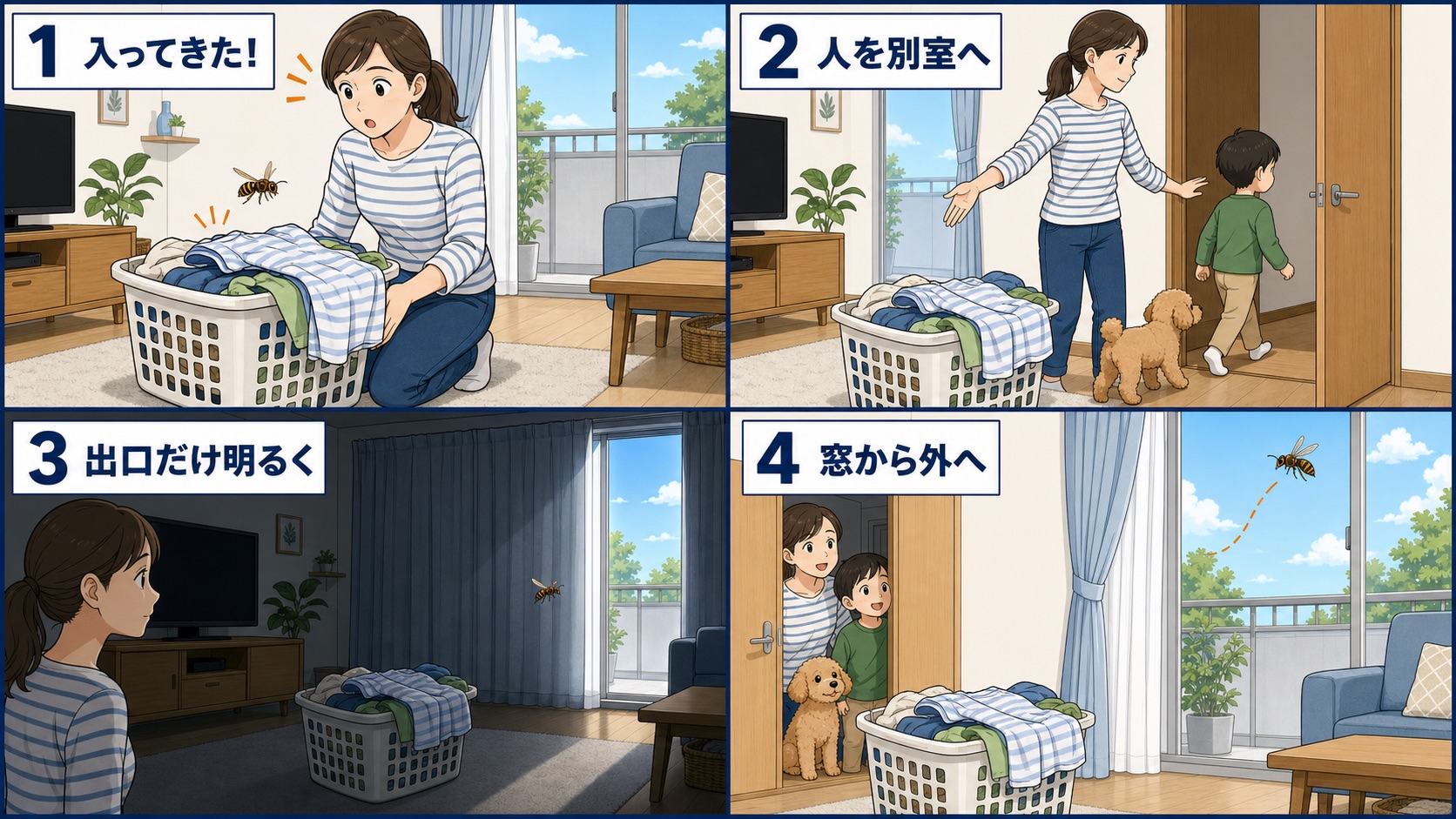 洗濯物と一緒に入ったハチから人とペットを避難させ、部屋を暗くして窓から出す4コマ漫画