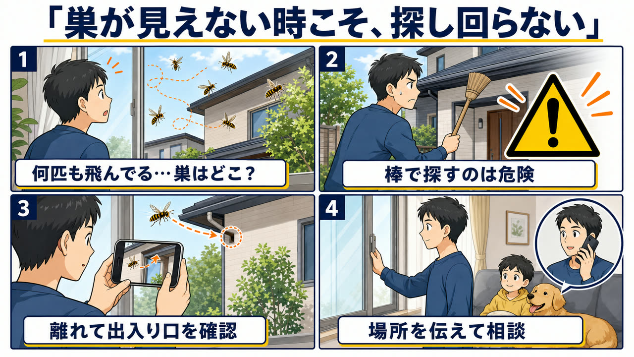 巣が見えない時に棒で探さず室内から飛行ルートを確認して相談する4コマ漫画