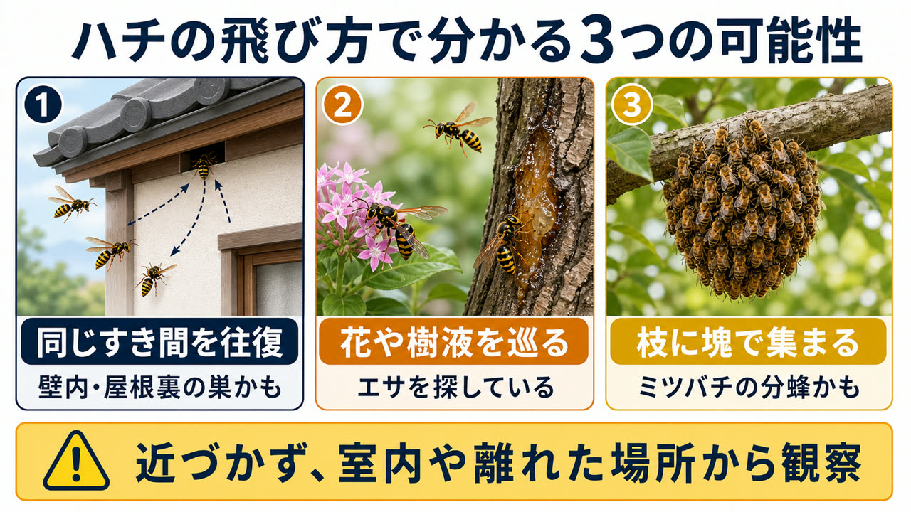 ハチの飛び方から壁内の巣、餌場、ミツバチの分蜂を見分ける図解