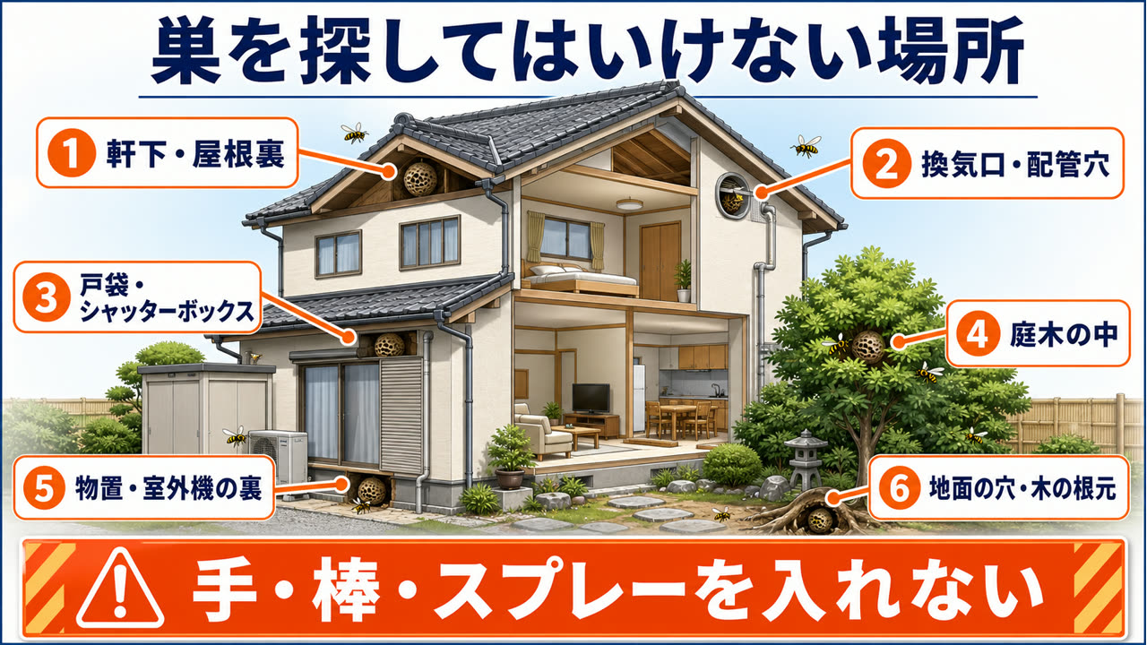 外から見えない蜂の巣が隠れやすい家の6か所を示す図解