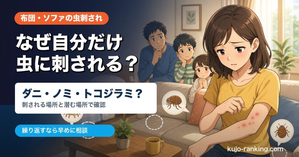 家族で自分だけ虫に刺される原因としてダニ・ノミ・トコジラミを確認するアイキャッチ画像