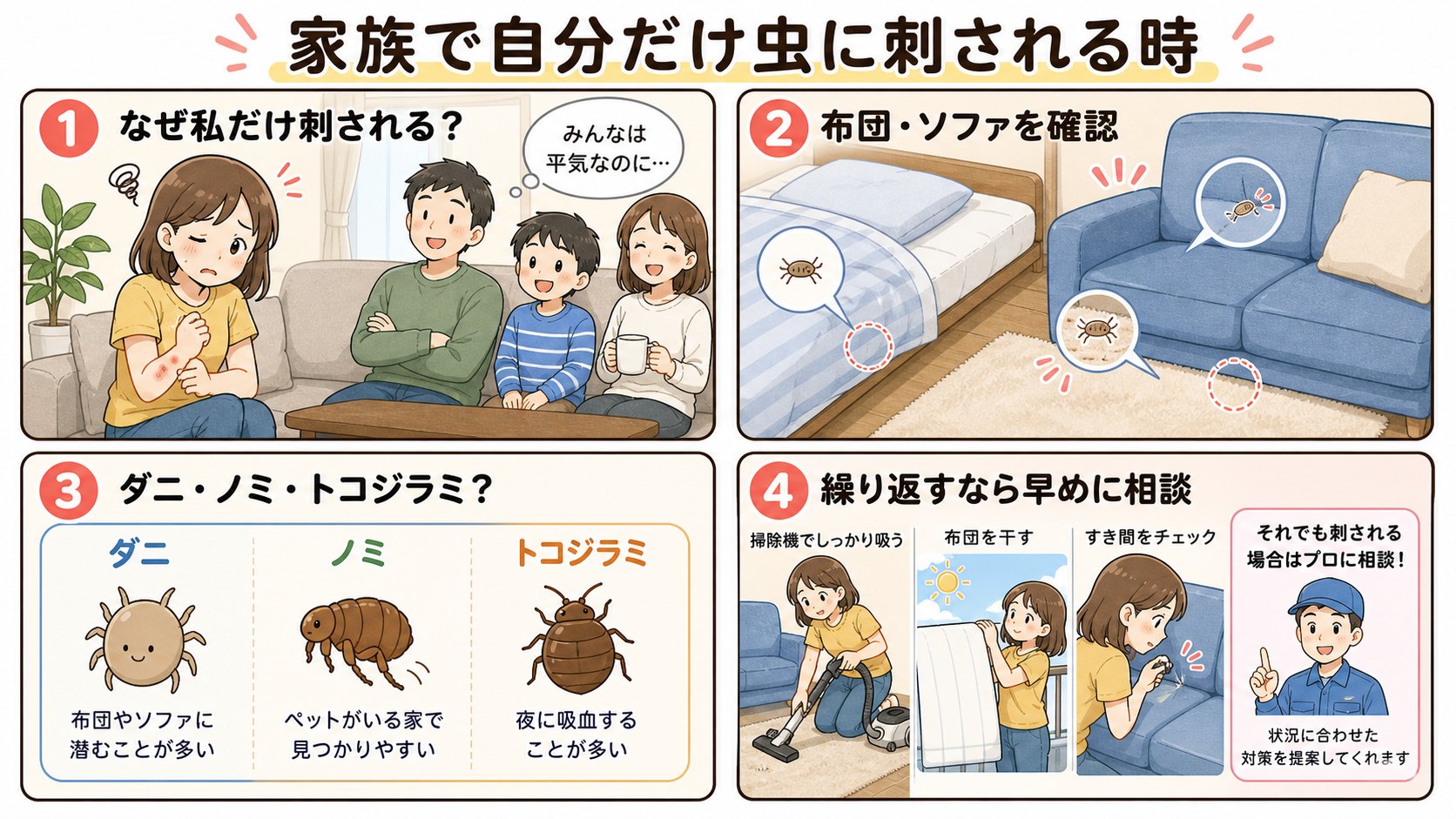 家族で自分だけ虫に刺される時に布団やソファを確認する流れを説明する4コマイラスト