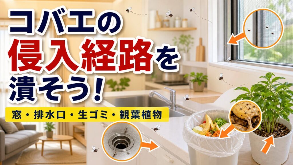 コバエの侵入経路を潰そうという記事のアイキャッチ画像。窓、排水口、生ゴミ、観葉植物の侵入経路を示す。