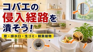 コバエの侵入経路を潰そうという記事のアイキャッチ画像。窓、排水口、生ゴミ、観葉植物の侵入経路を示す。