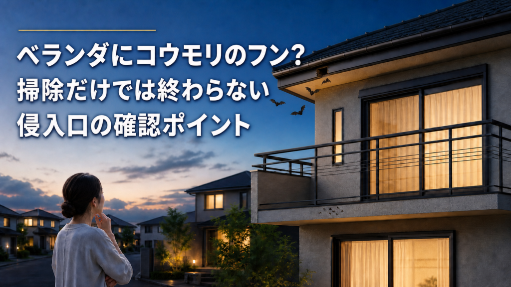 ベランダにコウモリのフンがある時の侵入口確認ポイントを示すアイキャッチ画像