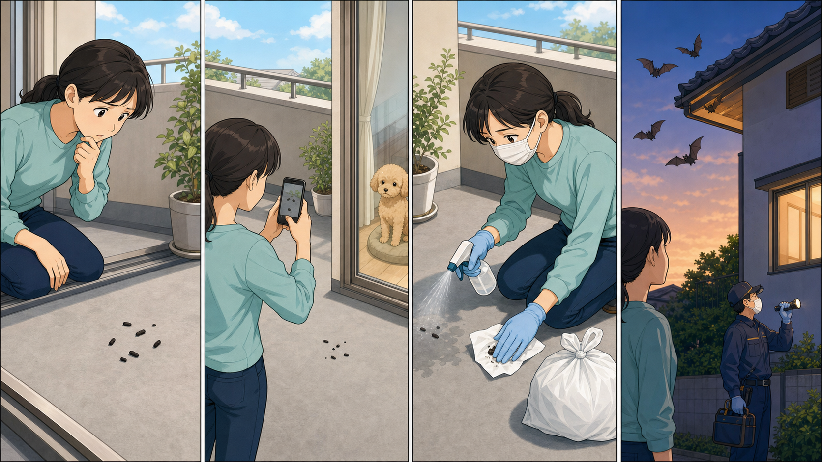 ベランダでコウモリのフンを見つけた時の安全な初動を示す4コマイラスト