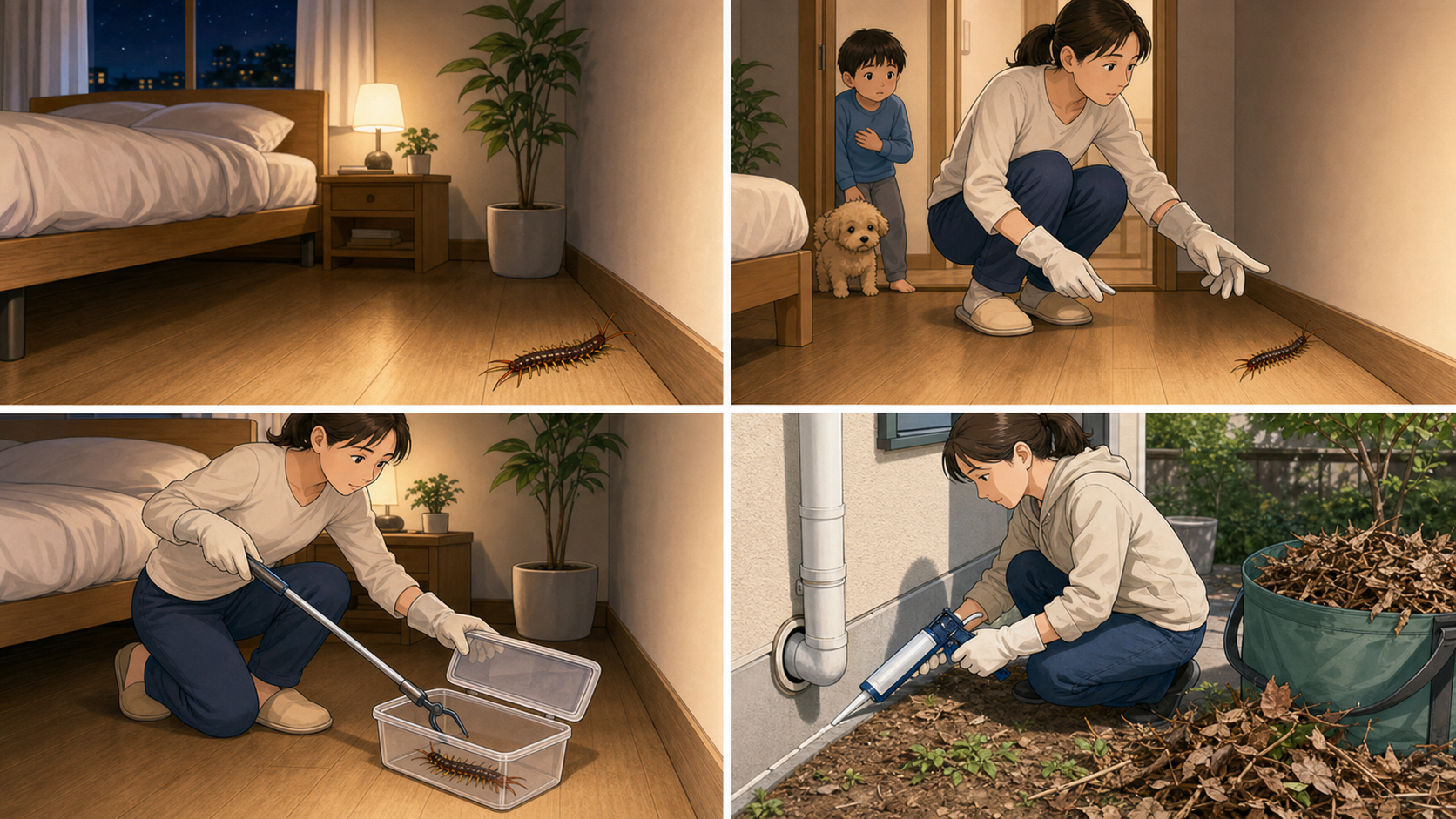 ムカデを見つけた家庭が、子どもとペットを離し、寝室を確認して侵入口を対策する4コマ漫画