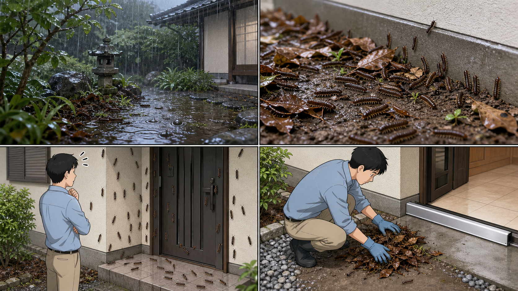 雨上がりにヤスデが大量発生した時の安全な対処を説明する4コマ漫画