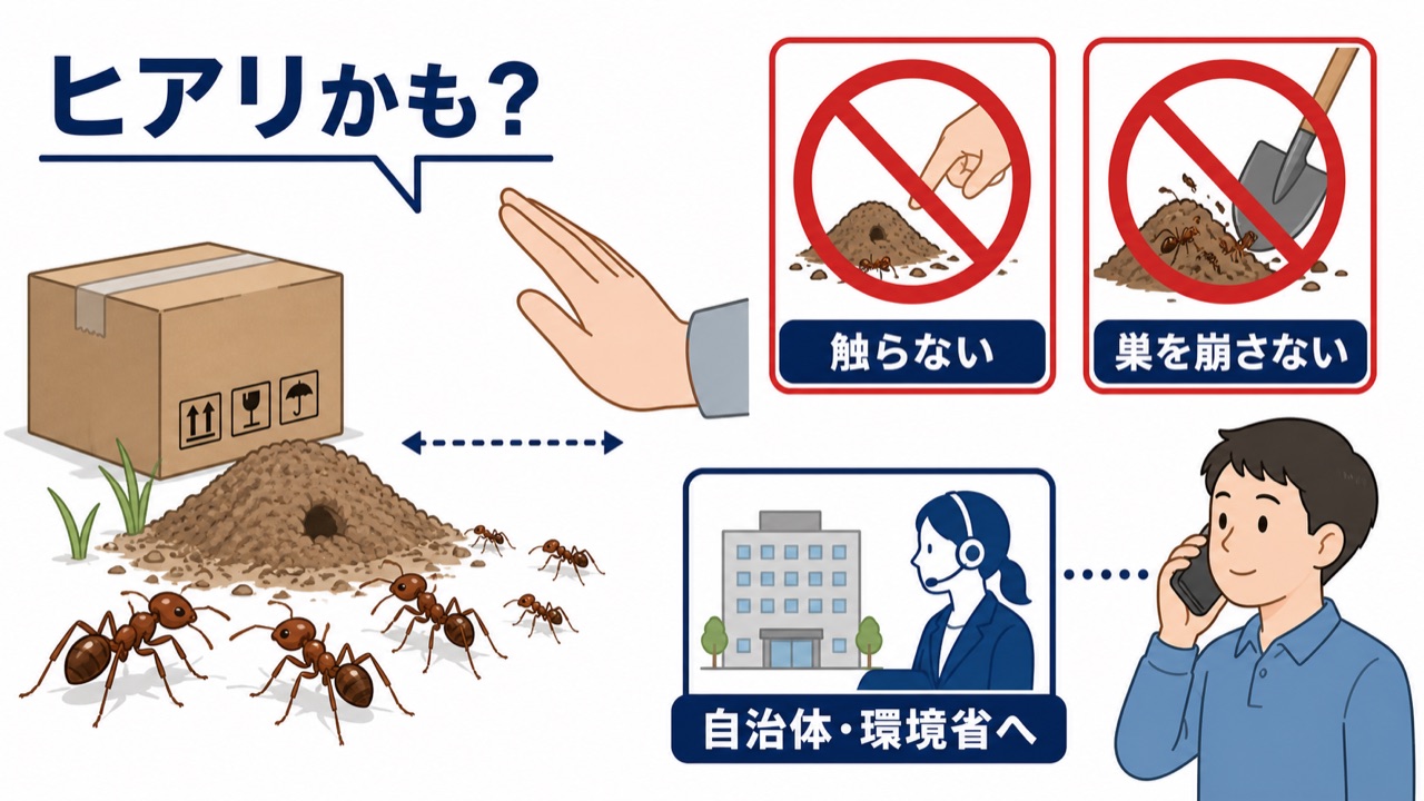 ヒアリが疑われる時に触らず巣を崩さず自治体や環境省へ連絡する注意喚起