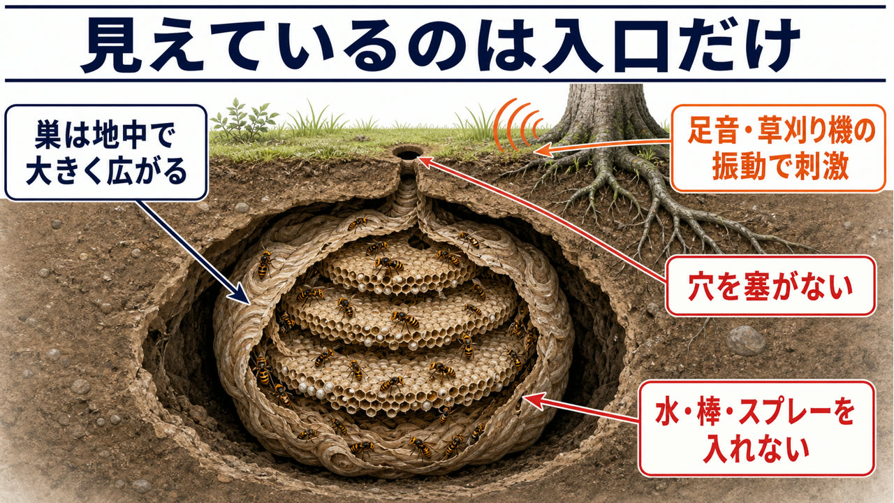 地面の小さな入口と地中に広がるスズメバチの巣の断面図