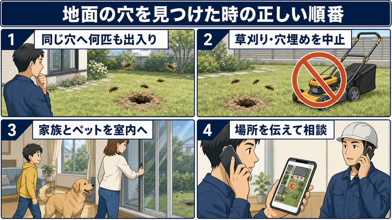 地面の穴へスズメバチが出入りしている時の安全な対応4ステップ