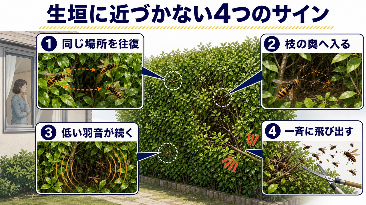 同じ場所を往復し、枝の奥へ入り、低い羽音が続き、一斉に飛び出す生垣のハチの危険サイン