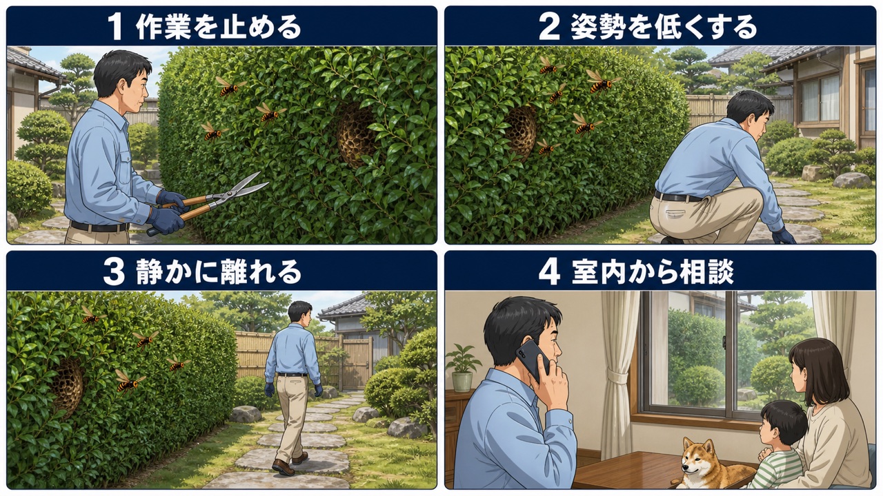 庭木の剪定中にハチが飛び出した時に作業を止め、姿勢を低くし、静かに離れて室内から相談する4場面