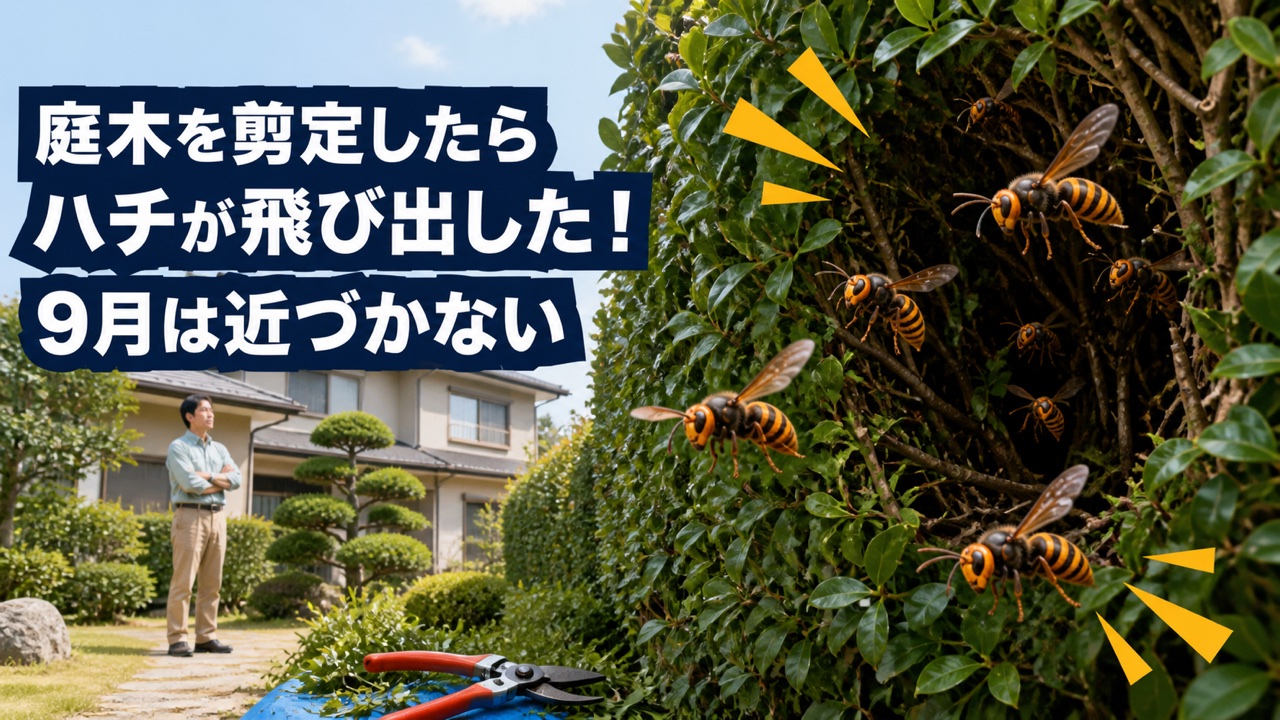 庭木を剪定したら生垣から複数のハチが飛び出し9月は近づかないよう注意を促すアイキャッチ