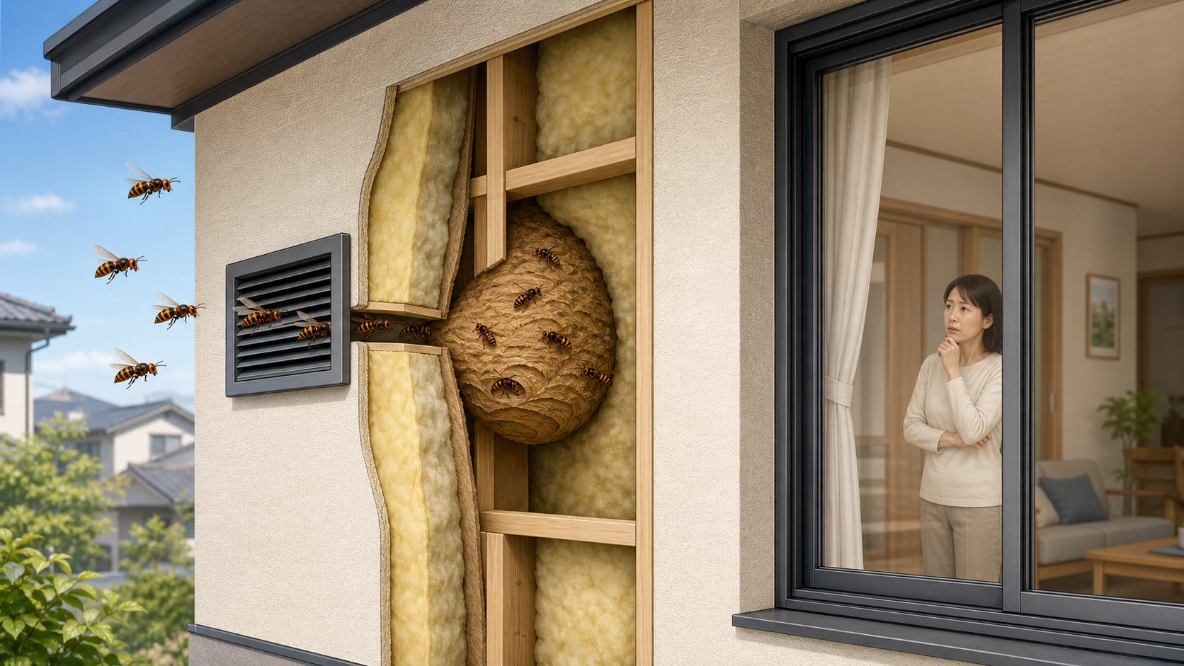 換気口から壁の中へ蜂が入り隠れた巣を作っている住宅断面イラスト