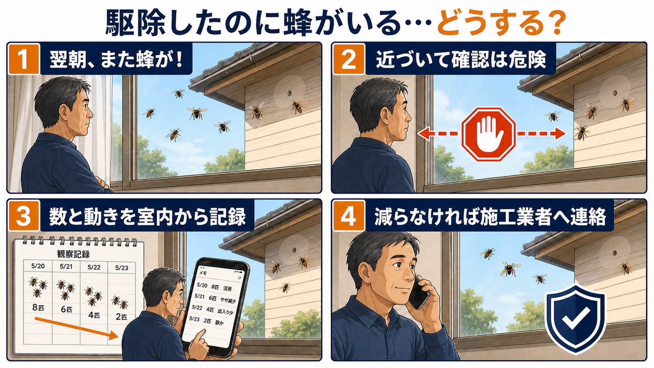 蜂の巣を駆除した翌日に蜂が戻ってきた時の安全な対応4ステップ