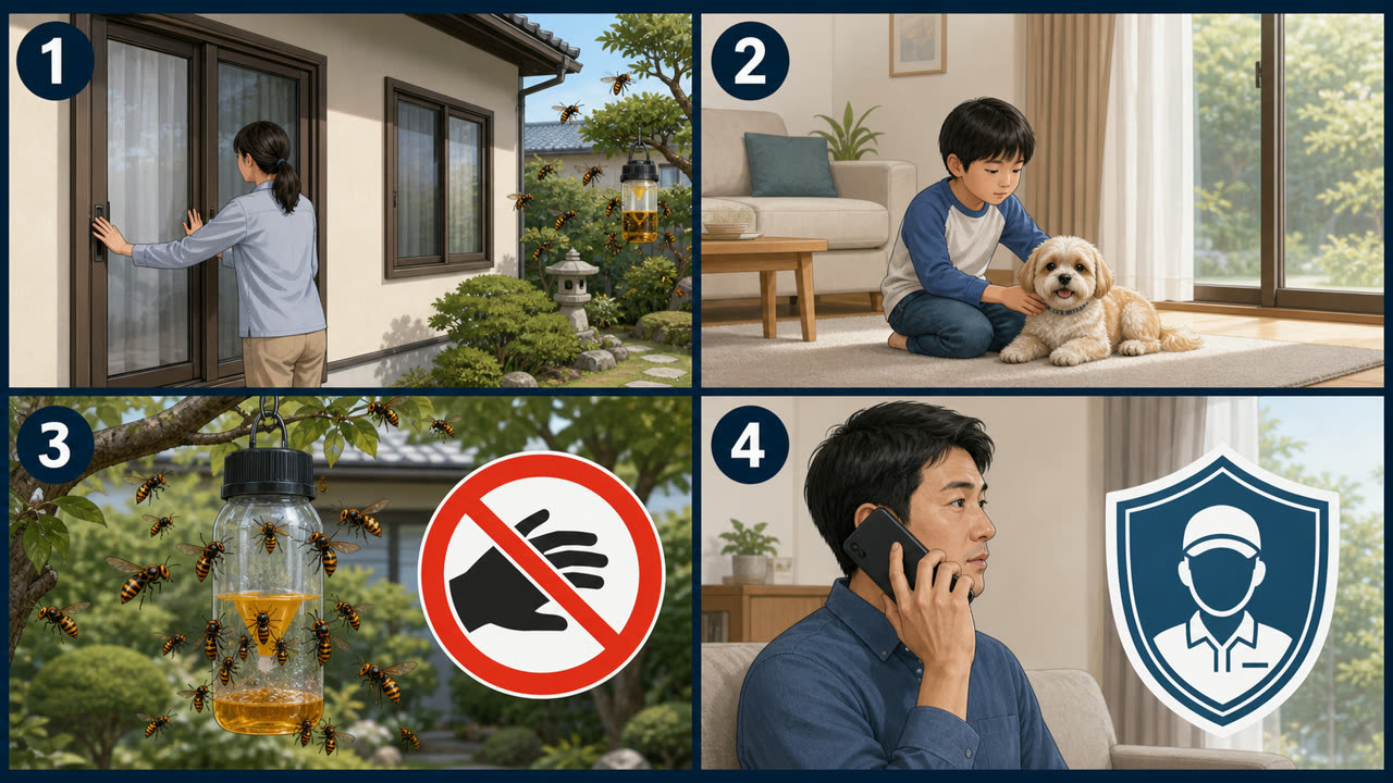 9月に設置済みのスズメバチトラップへハチが集まった時の安全な4段階対応を示す図解