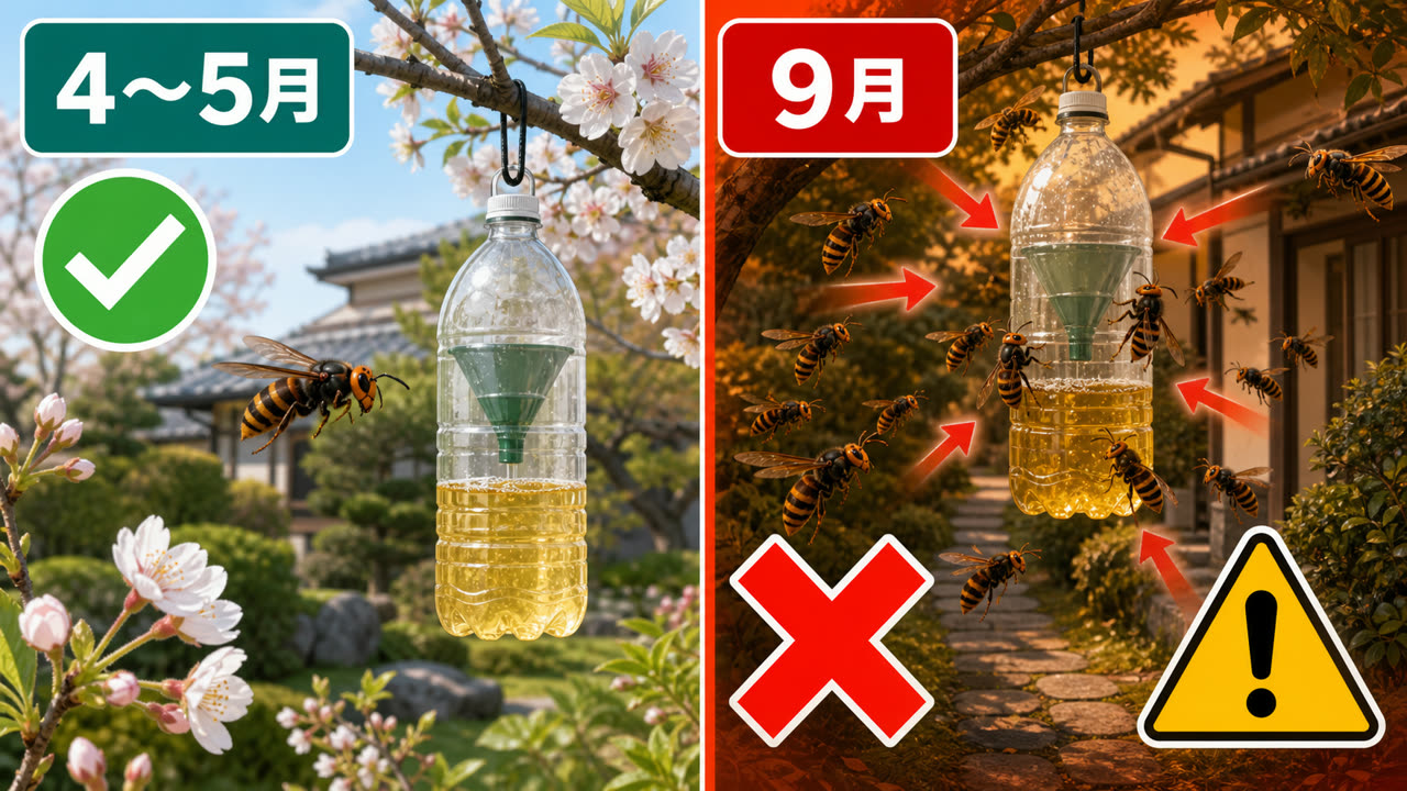 4月から5月の女王蜂トラップと9月に多数の働き蜂を呼び寄せるトラップの違いを示す図解