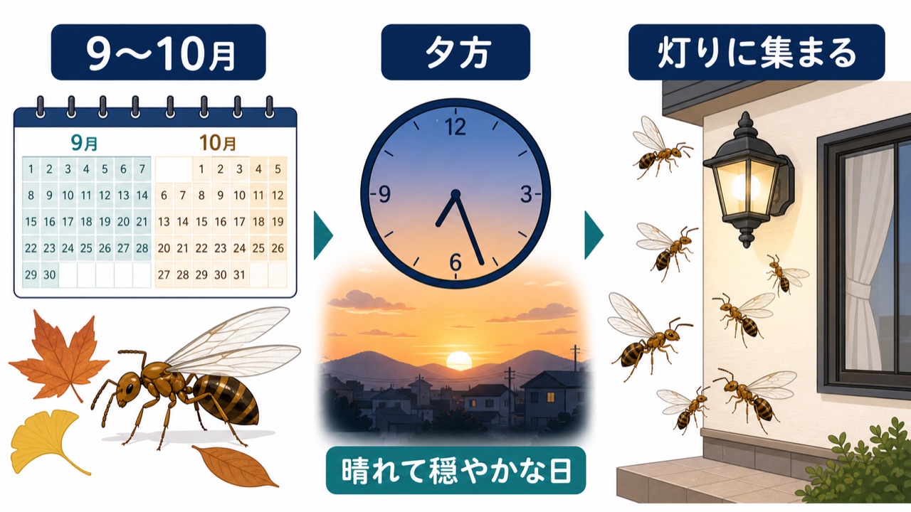 キイロシリアゲアリの羽アリが出やすい9月から10月の夕方と外灯