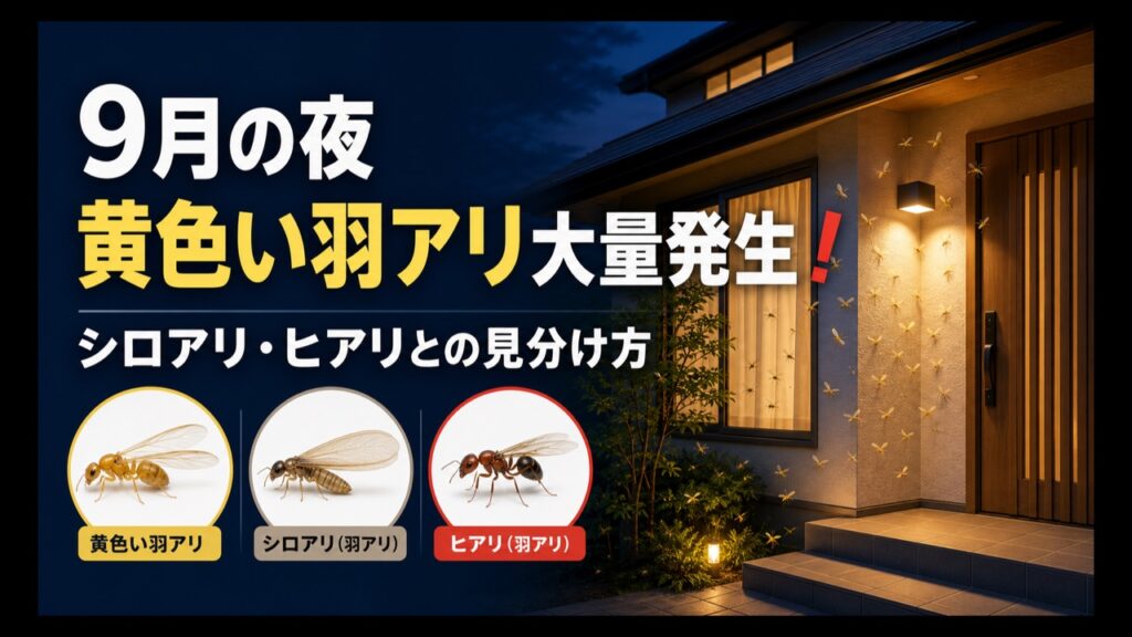 9月の夜に玄関へ黄色い羽アリが大量発生した時の見分け方
