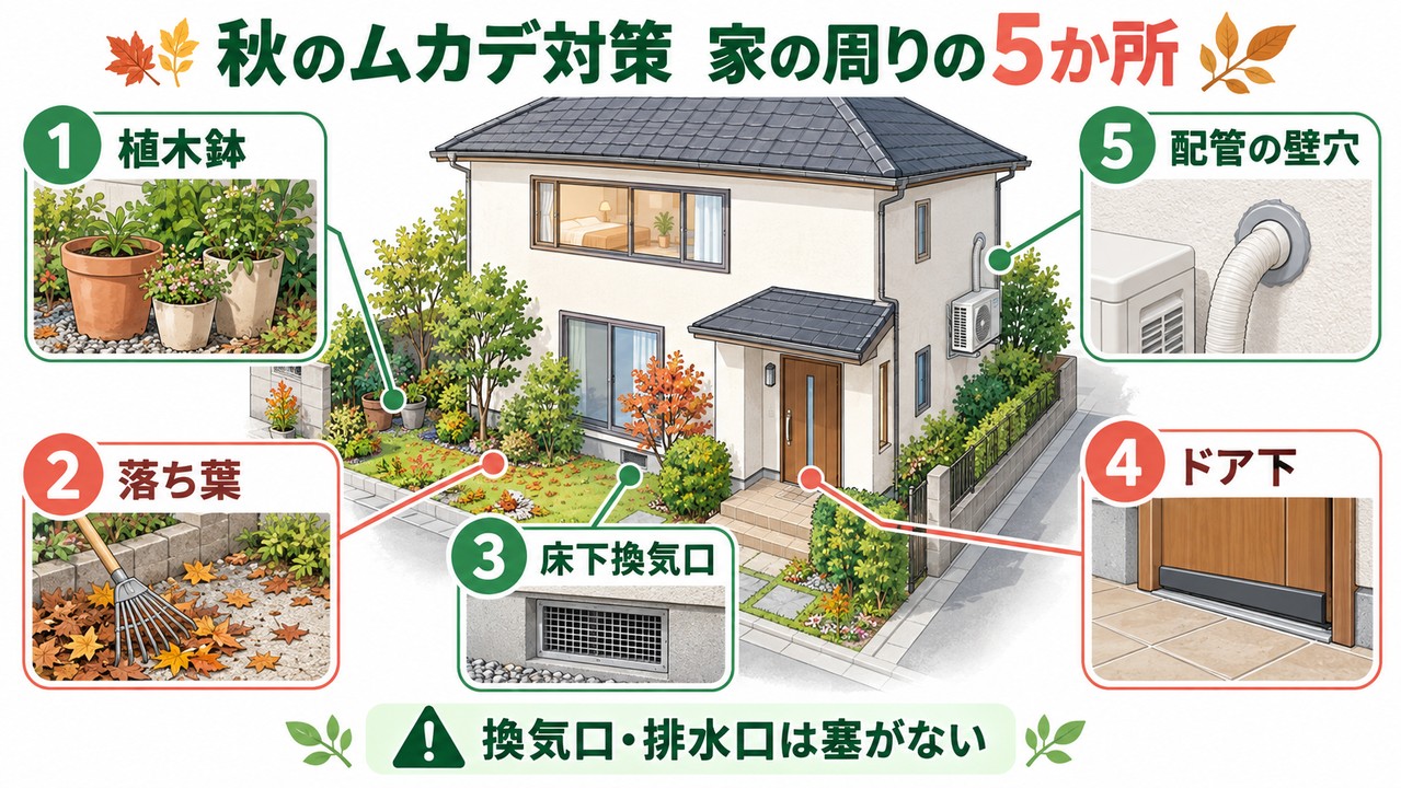 一般的な住宅の植木鉢、落ち葉、床下換気口、ドア下、エアコン配管の壁穴を示す秋のムカデ対策イラスト