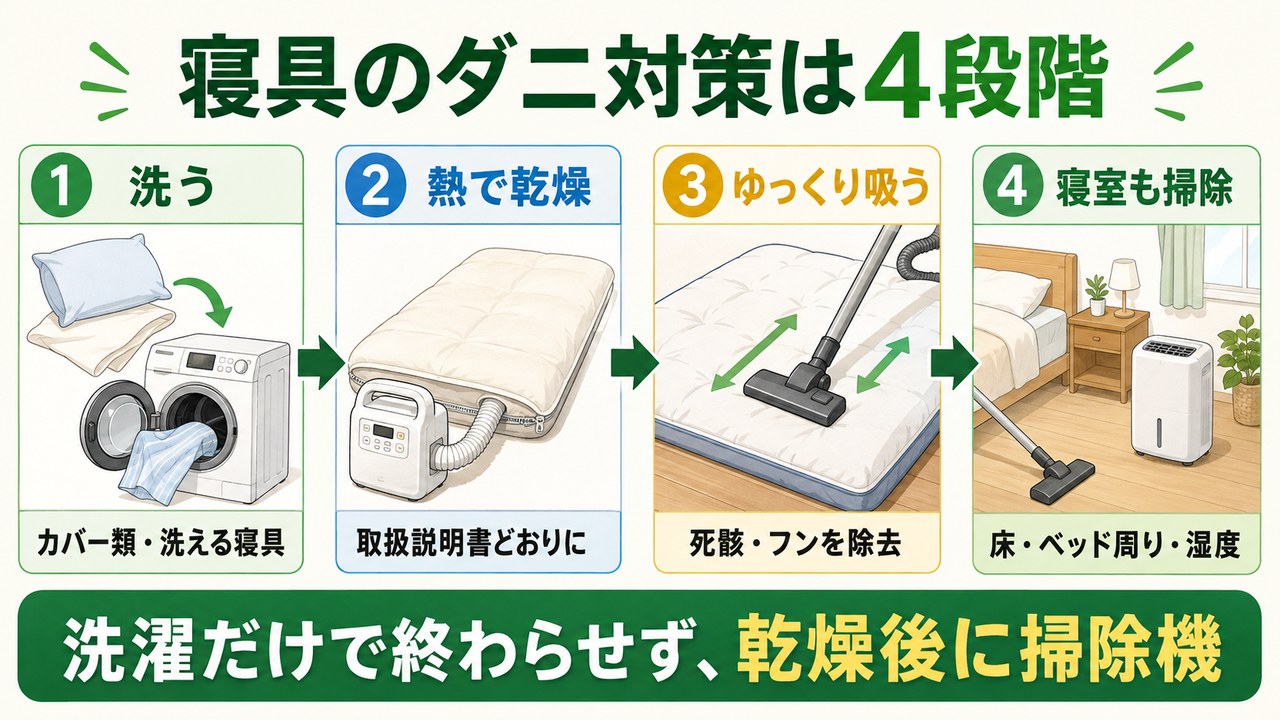 寝具のダニ対策を、洗濯、取扱説明書に従った熱乾燥、死骸とフンの掃除機掛け、寝室の掃除と湿度管理の4段階で示した図