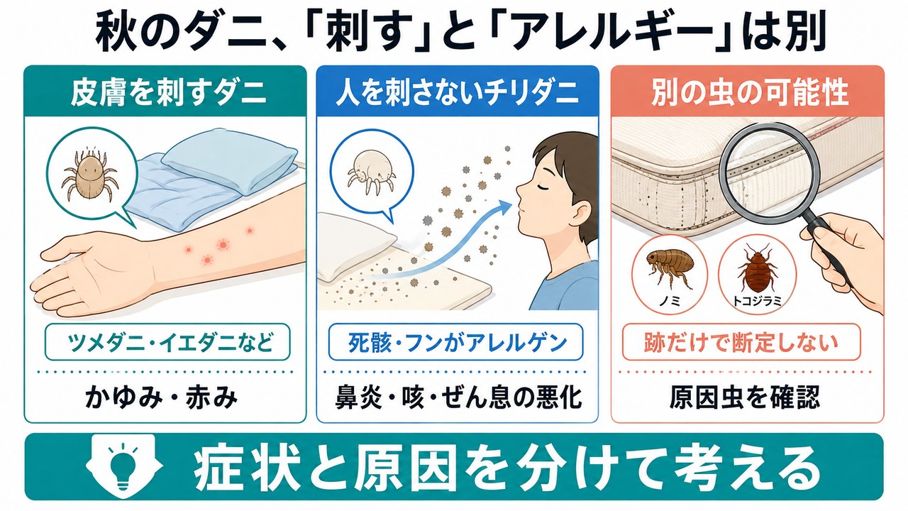 秋のダニについて、人を刺すツメダニ・イエダニ、人を刺さず死骸やフンがアレルゲンになるチリダニ、別の虫の可能性を分けた図