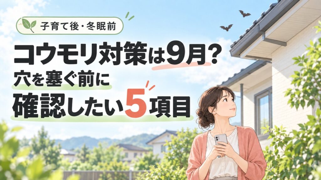 コウモリ対策は9月？穴を塞ぐ前に確認したい5項目。人物と住まいを描いたイラスト