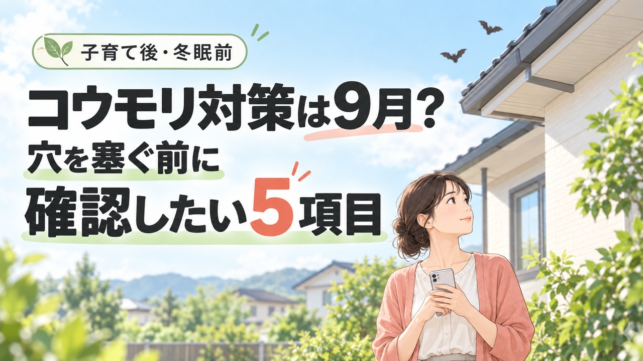 コウモリ対策は9月？穴を塞ぐ前に確認したい5項目。人物と住まいを描いたイラスト