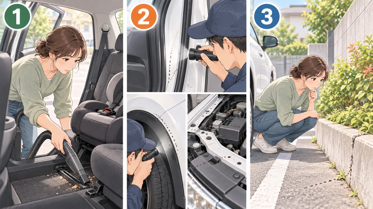 車内、車体、駐車場所の3段階でアリの発生源を確認するイラスト