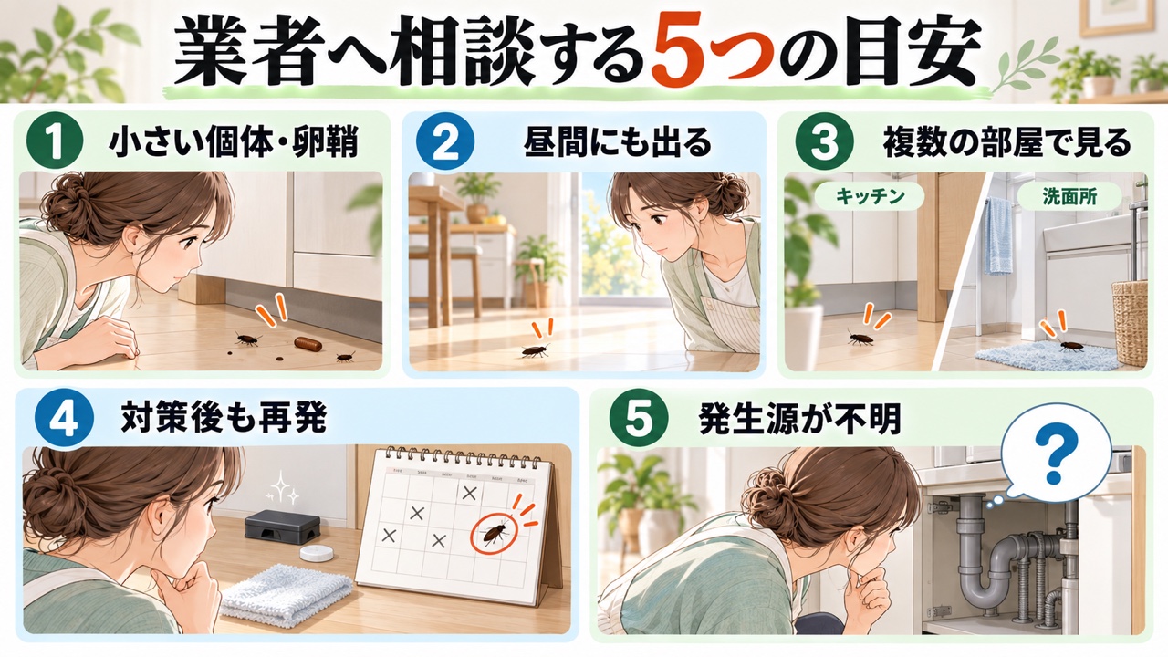 小さい個体、昼間の出現、複数室、対策後の再発、発生源不明という業者へ相談する5つの目安