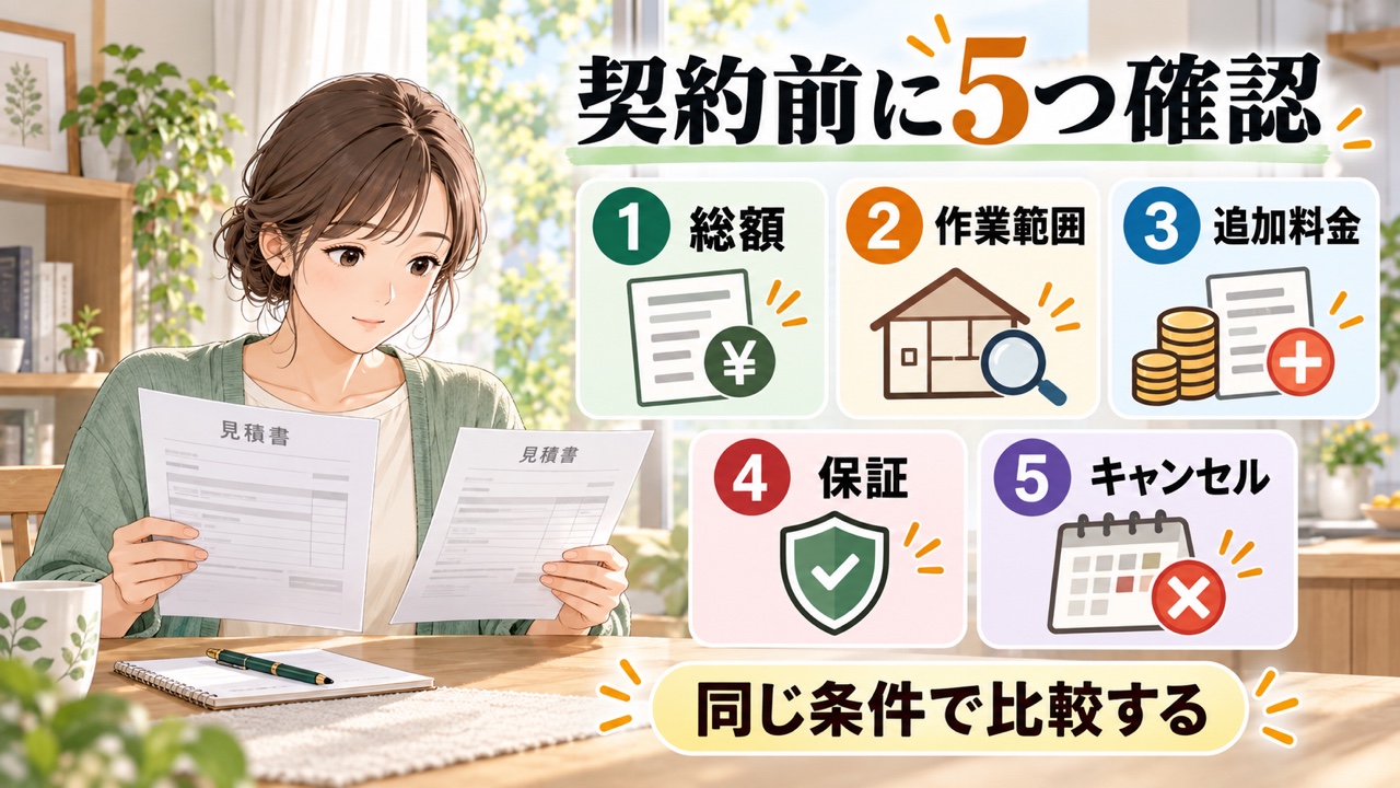 ゴキブリ駆除の契約前に総額、作業範囲、追加料金、保証、キャンセルを比較するイラスト