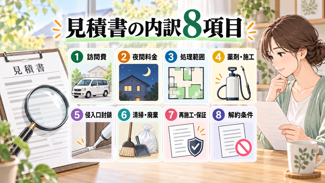 ゴキブリ駆除の見積書で確認する訪問費、夜間料金、処理範囲、薬剤、侵入口封鎖、清掃、保証、解約条件の8項目
